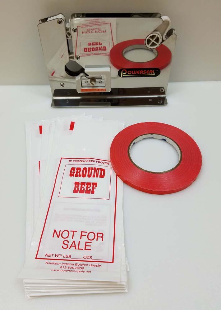 Ground Meat Packing Kit/ SS Tape Machine, 200 1lb Ground Beef Bags