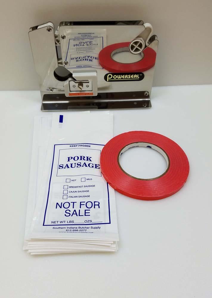 Ground Meat Packing Kit/ SS Tape Machine, 200 2lb Pork Sausage Bags