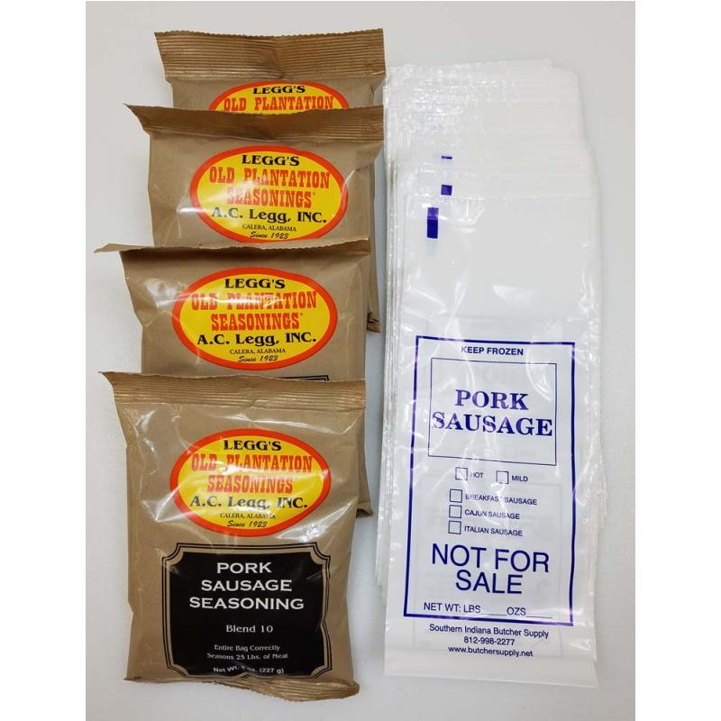100 Pound Fresh Pork Sausage Kit Old Plantation Blend 10 w/ Printed Bags